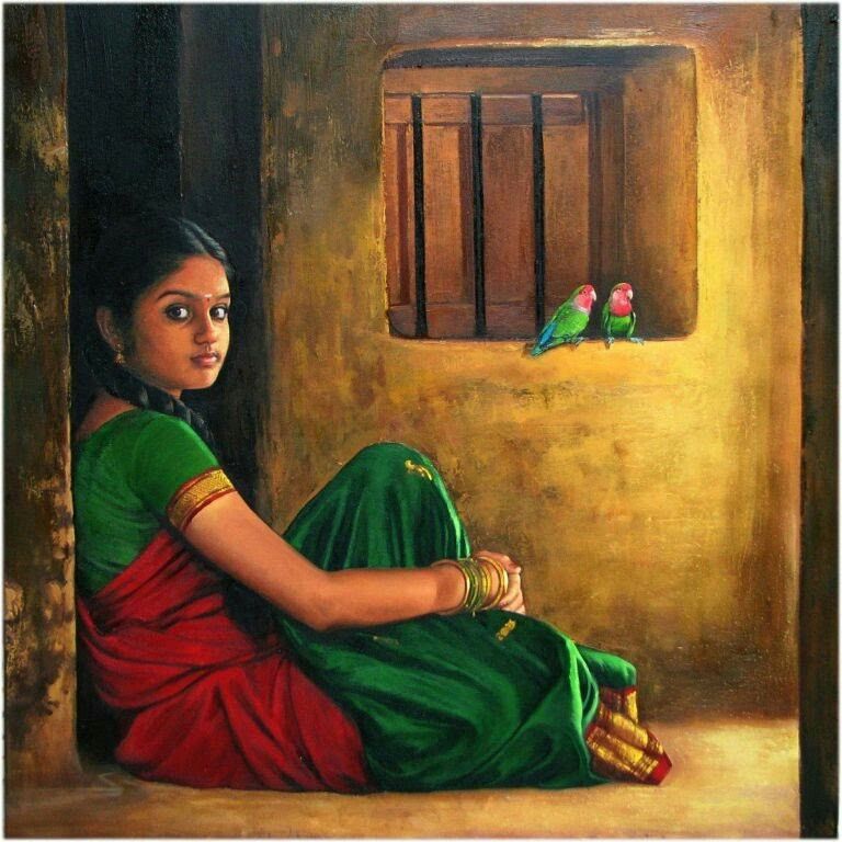 Tamil Girl with her Parrots - Indian Women Paintings
